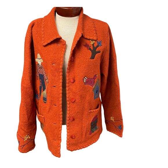 Vintage Fall Scarecrow Wool Sweater Jacket Size Medium Sharon Young Country Barn - Picture 1 of 7
